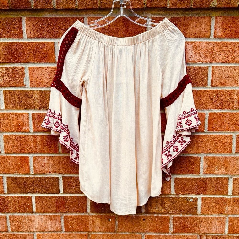 She + Sky Cream and Red Ruffled Blouse with Flutter Sleeves